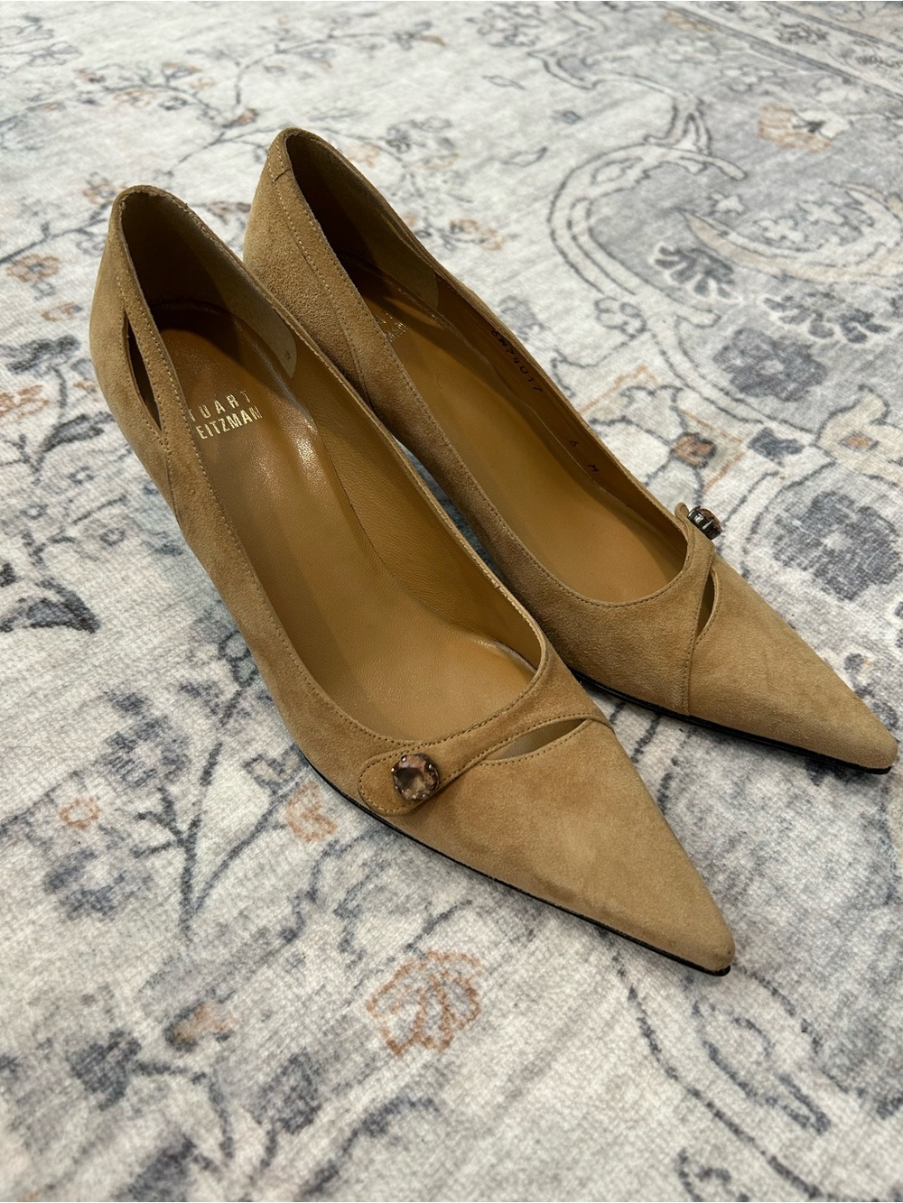 Stuart Weitzman Camel Suede Pointed-Toe Pumps with Button Accent